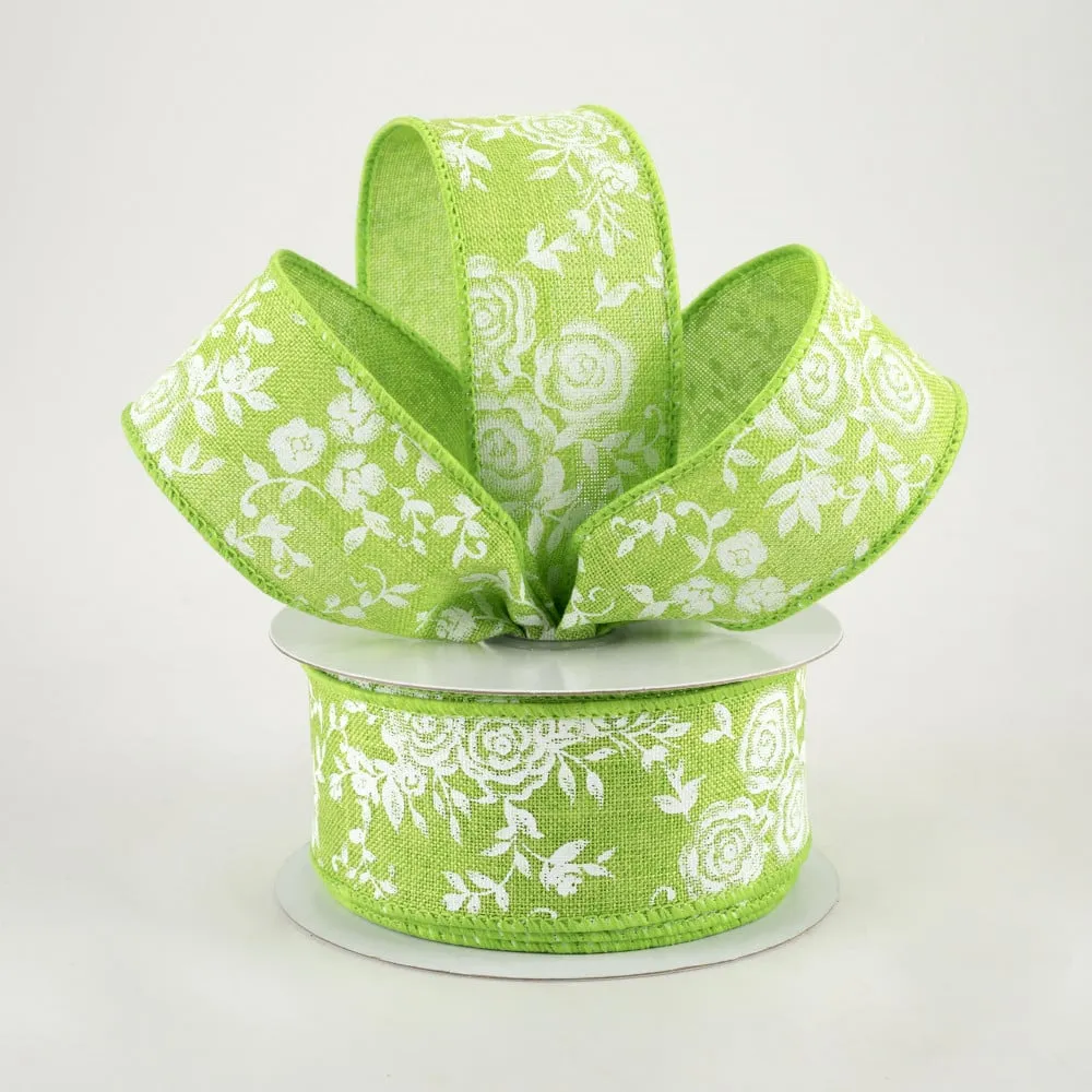 1.5"x10yd Mini Rose On Royal Burlap, Lime Green/White  J67