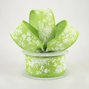 1.5"x10yd Mini Rose On Royal Burlap, Lime Green/White  J67