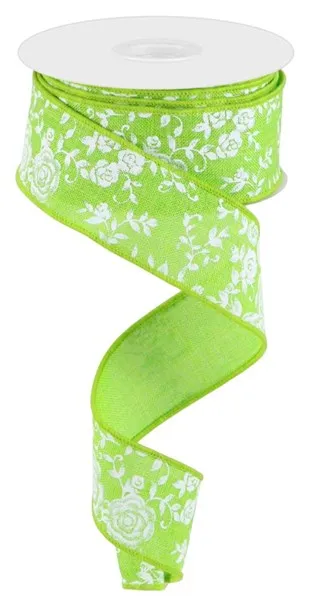 1.5"x10yd Mini Rose On Royal Burlap, Lime Green/White  J67
