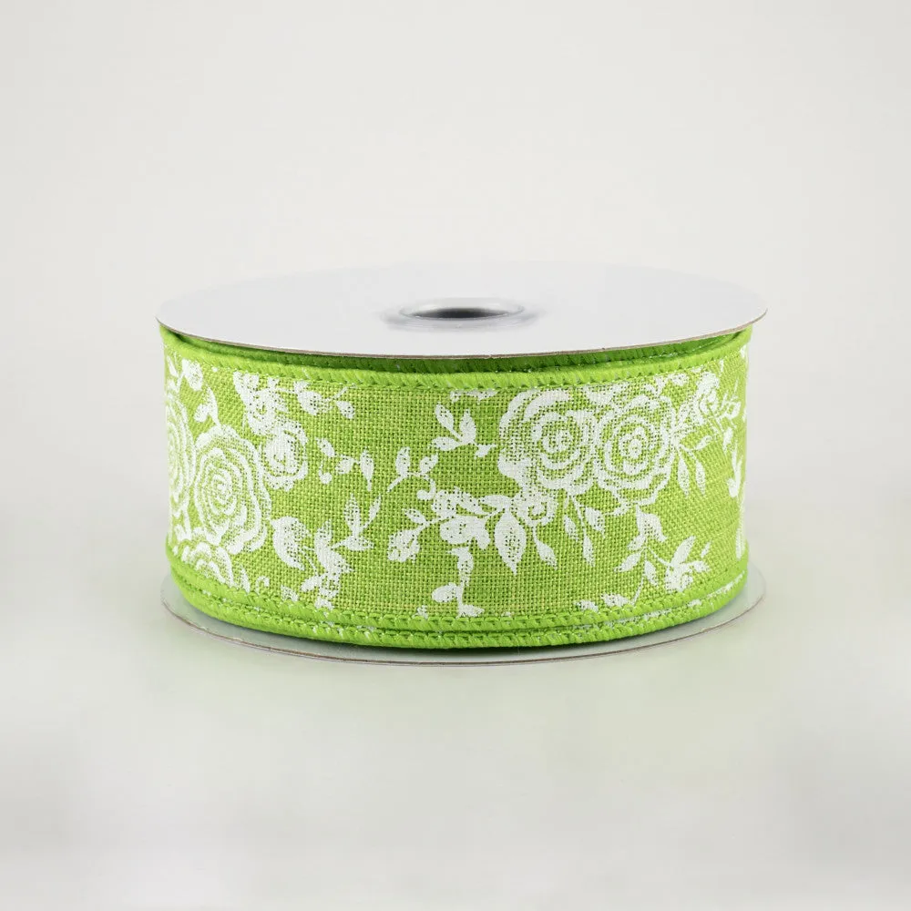 1.5"x10yd Mini Rose On Royal Burlap, Lime Green/White  J67