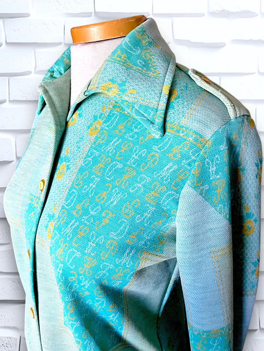 1960’s Teal, Sea Foam Green & Yellow Patchwork & Monogram Pattern Suit Outfit