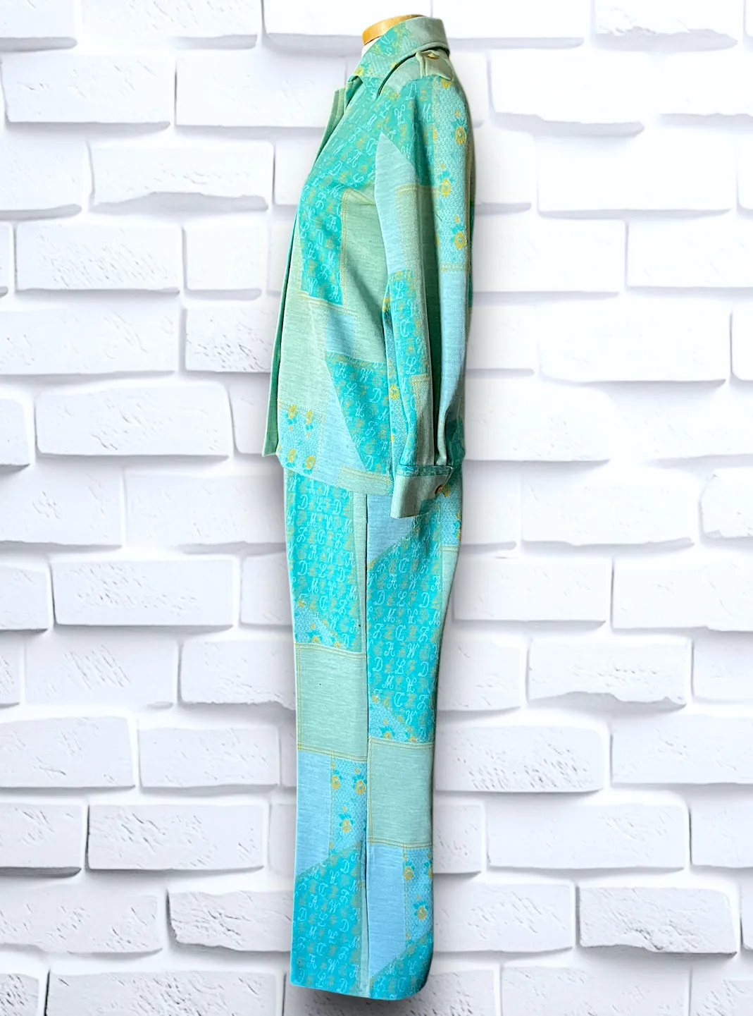 1960’s Teal, Sea Foam Green & Yellow Patchwork & Monogram Pattern Suit Outfit