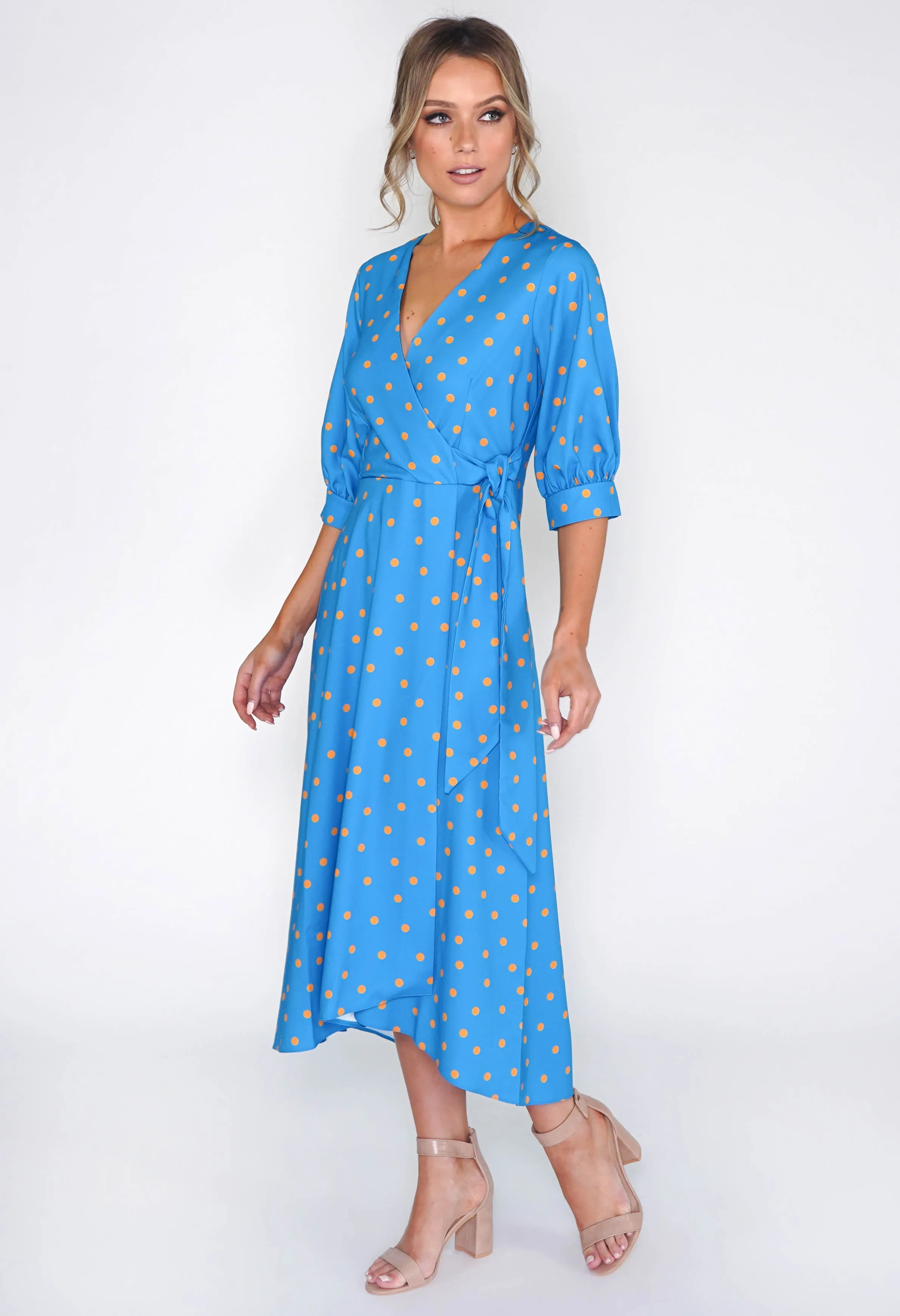 BLUE PUFF SLEEVE WRAP DRESS