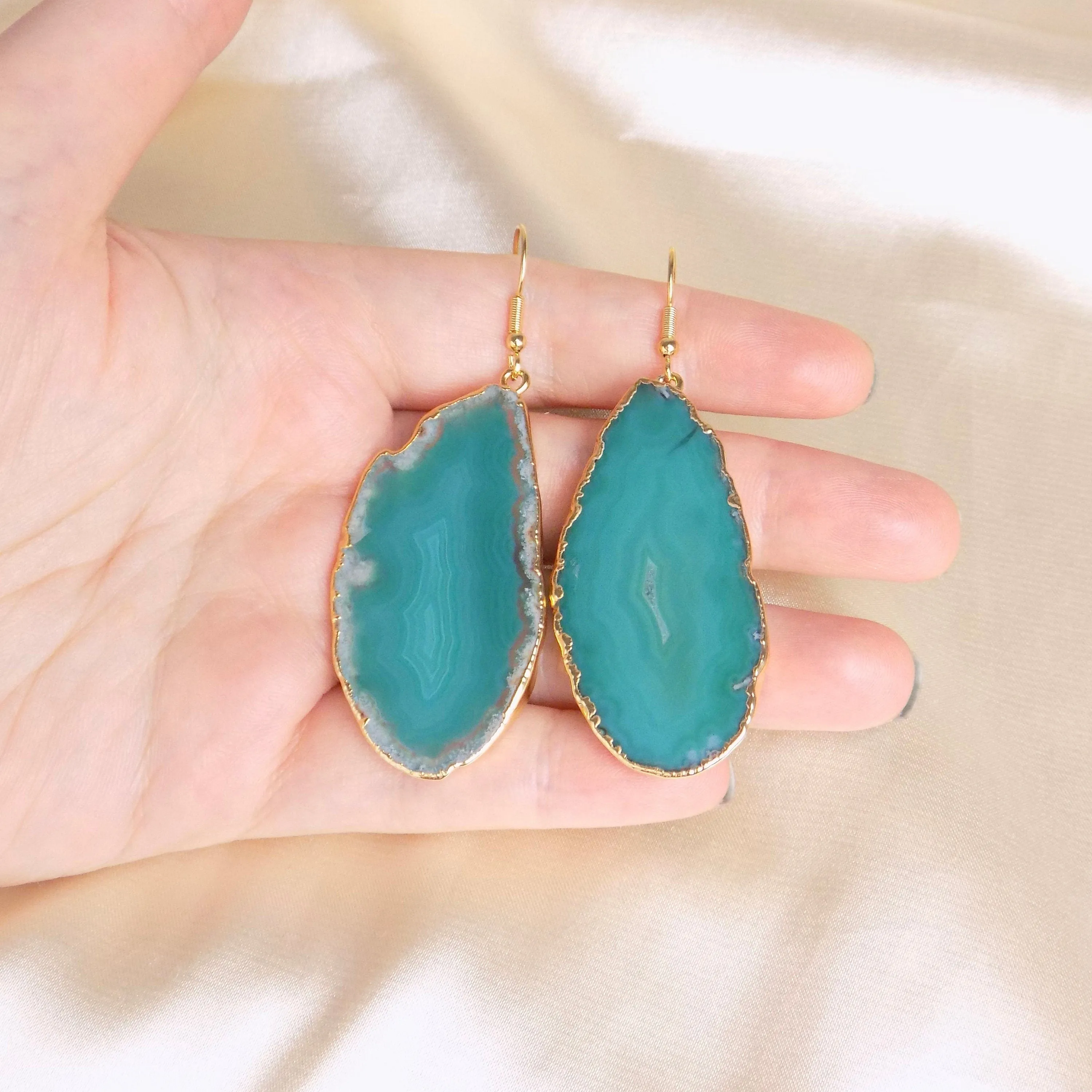 Boho Green Agate Earrings - Sliced Agate Geode Earrings