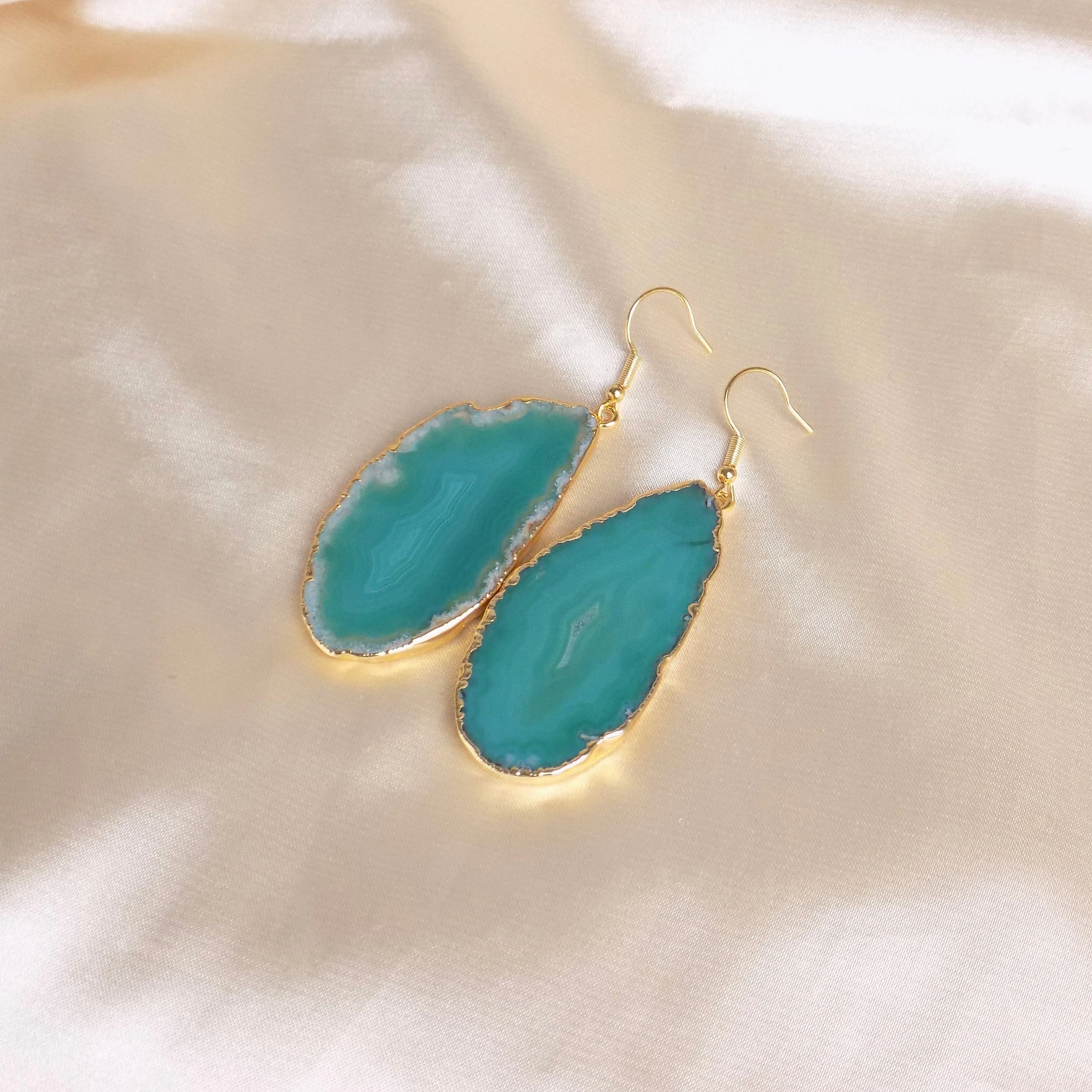 Boho Green Agate Earrings - Sliced Agate Geode Earrings