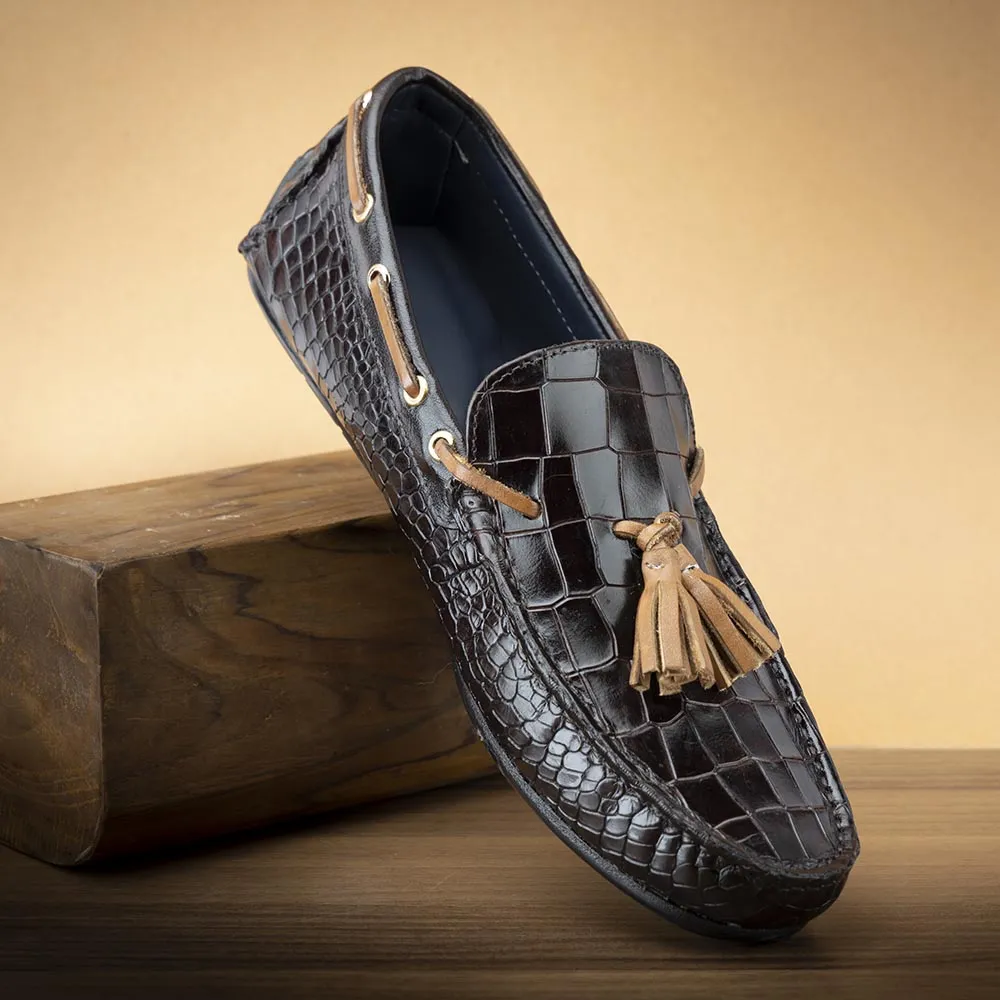 Brown Glossed Croco Tassel Driving Loafers