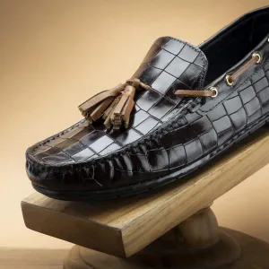Brown Glossed Croco Tassel Driving Loafers