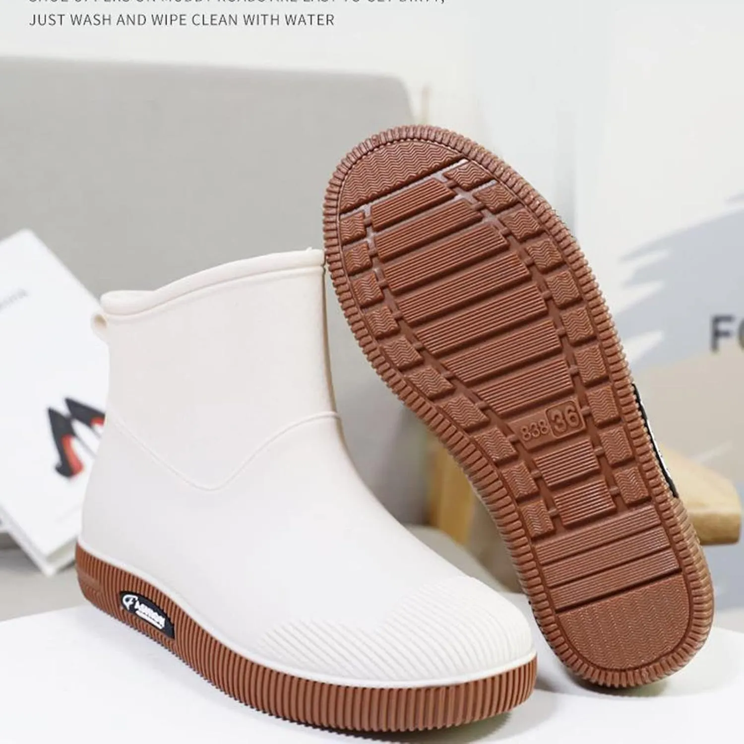 Coerni Rainshoes Women Short Tube Plush Thermal Water Shoes Waterproof Shoes Fashion Women Rain Boots Bouts for Men (White, 510)