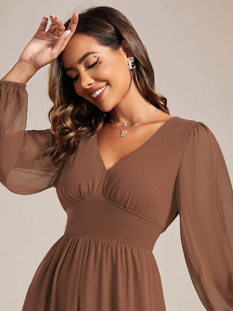Custom Size Chiffon V-Neck Long Sleeves Elastic Band Midi Wedding Guest Dress