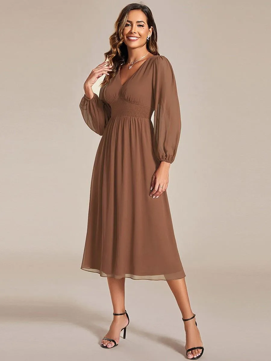 Custom Size Chiffon V-Neck Long Sleeves Elastic Band Midi Wedding Guest Dress