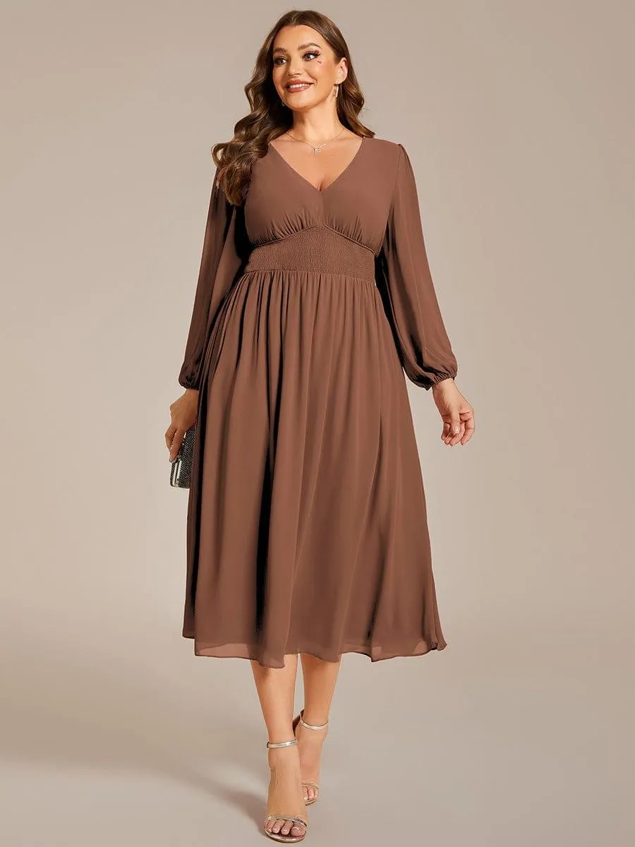 Custom Size Chiffon V-Neck Long Sleeves Elastic Band Midi Wedding Guest Dress