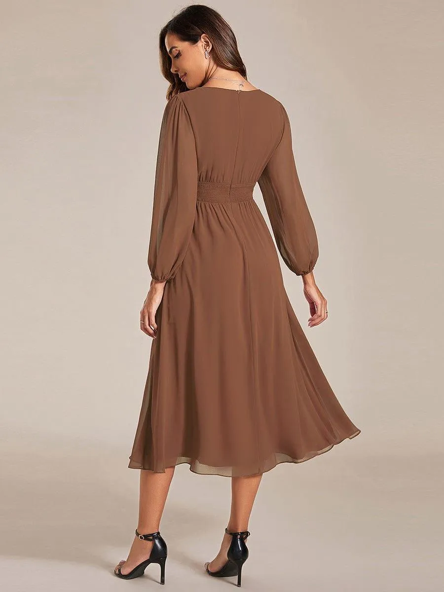 Custom Size Chiffon V-Neck Long Sleeves Elastic Band Midi Wedding Guest Dress