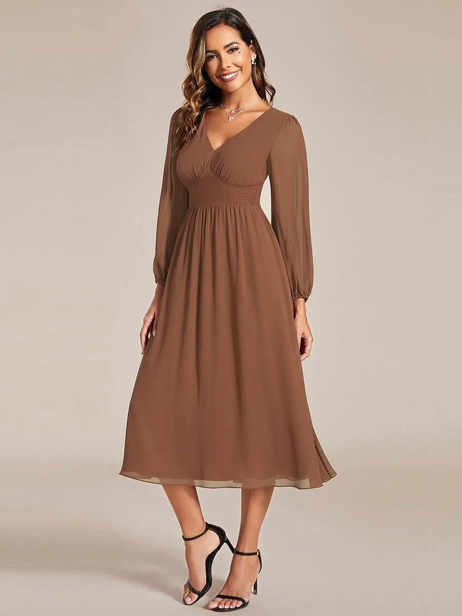Custom Size Chiffon V-Neck Long Sleeves Elastic Band Midi Wedding Guest Dress
