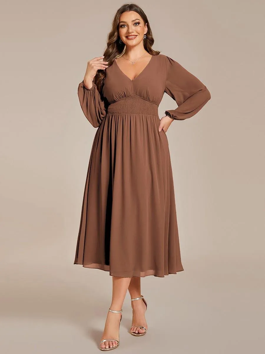 Custom Size Chiffon V-Neck Long Sleeves Elastic Band Midi Wedding Guest Dress