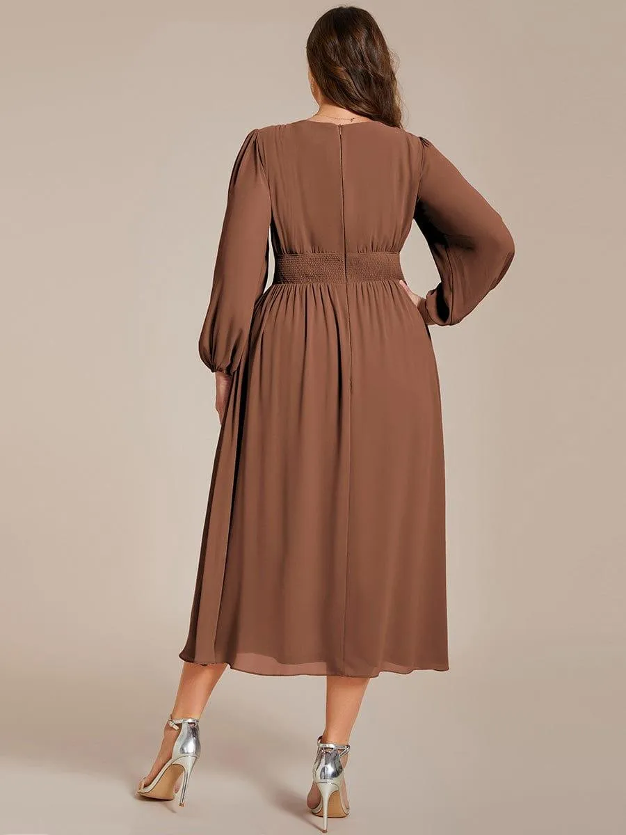 Custom Size Chiffon V-Neck Long Sleeves Elastic Band Midi Wedding Guest Dress