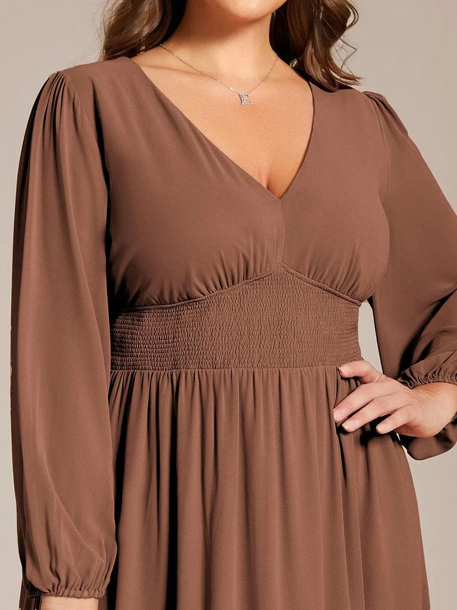 Custom Size Chiffon V-Neck Long Sleeves Elastic Band Midi Wedding Guest Dress