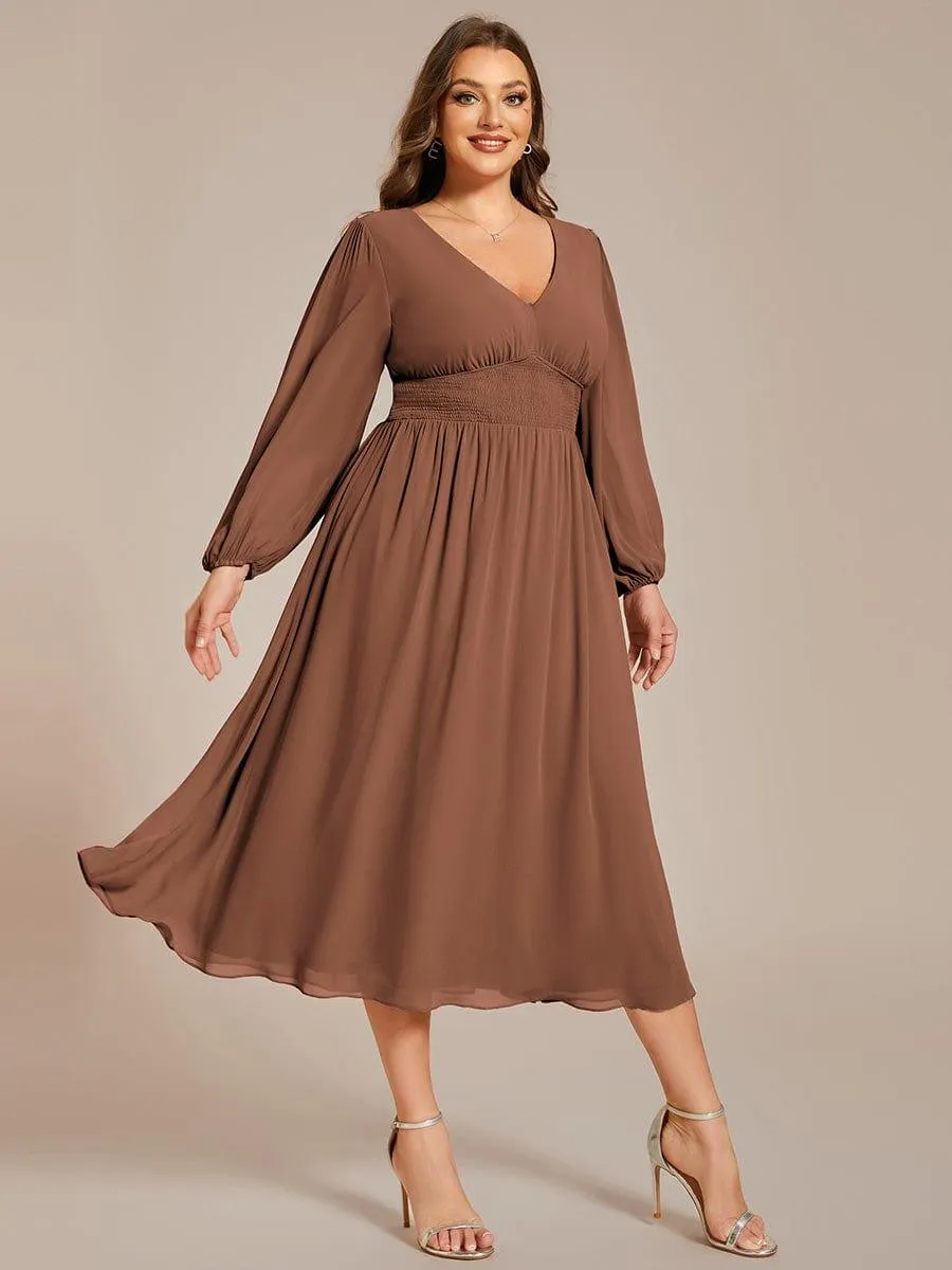 Custom Size Chiffon V-Neck Long Sleeves Elastic Band Midi Wedding Guest Dress