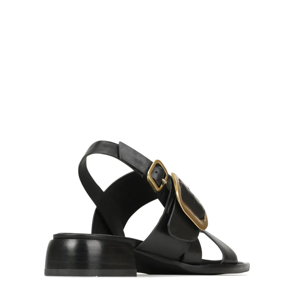 EOS Women's Tegean Leather Heeled Sandal in Black Onyx