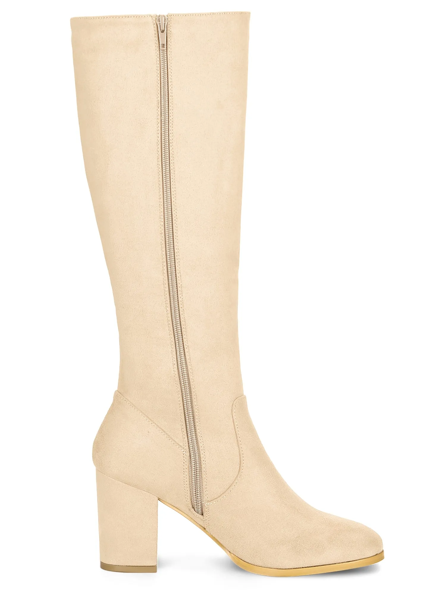 Faux Suede Side Zipper Chunky Heel Knee High Boots