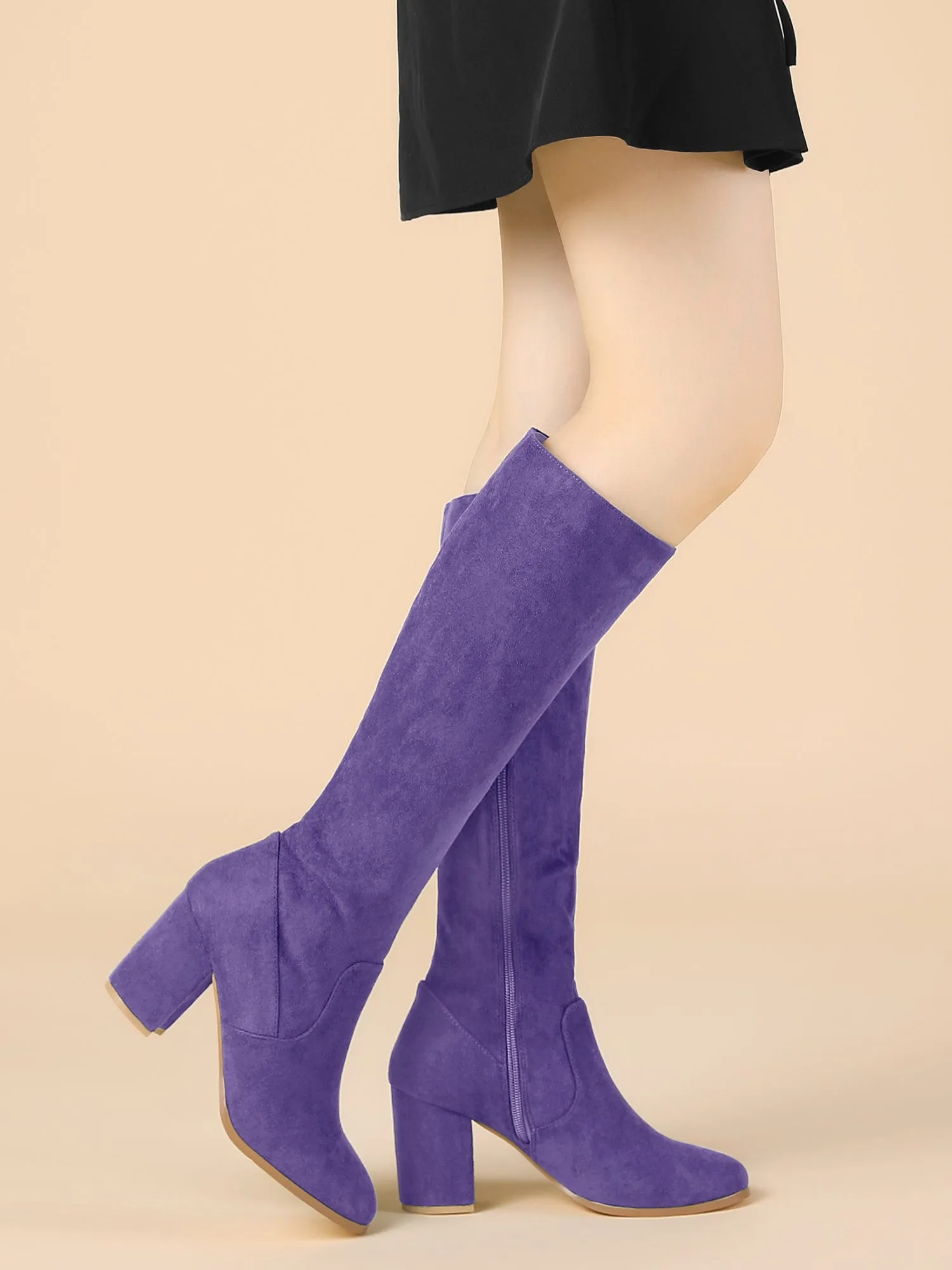 Faux Suede Side Zipper Chunky Heel Knee High Boots