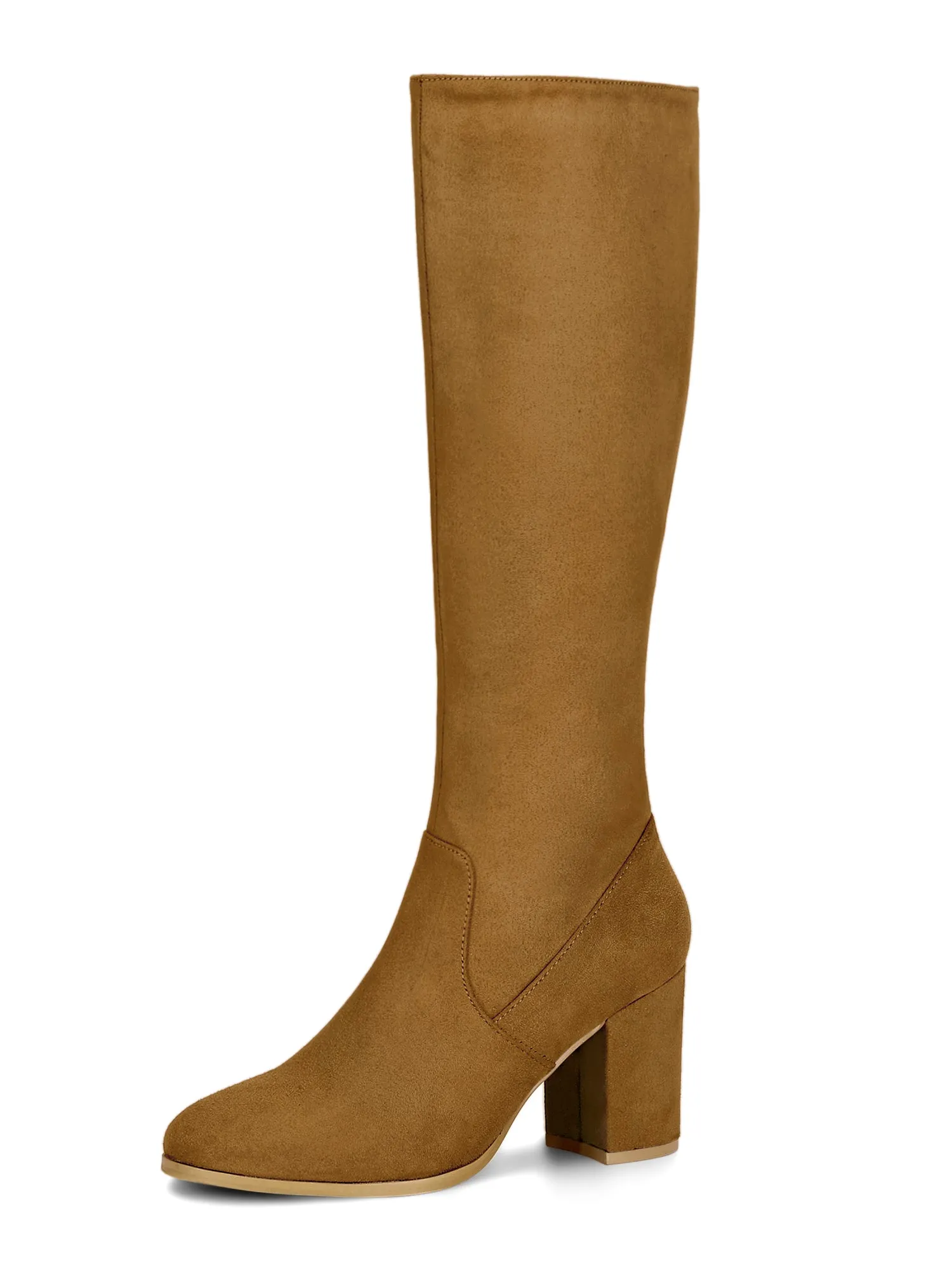 Faux Suede Side Zipper Chunky Heel Knee High Boots