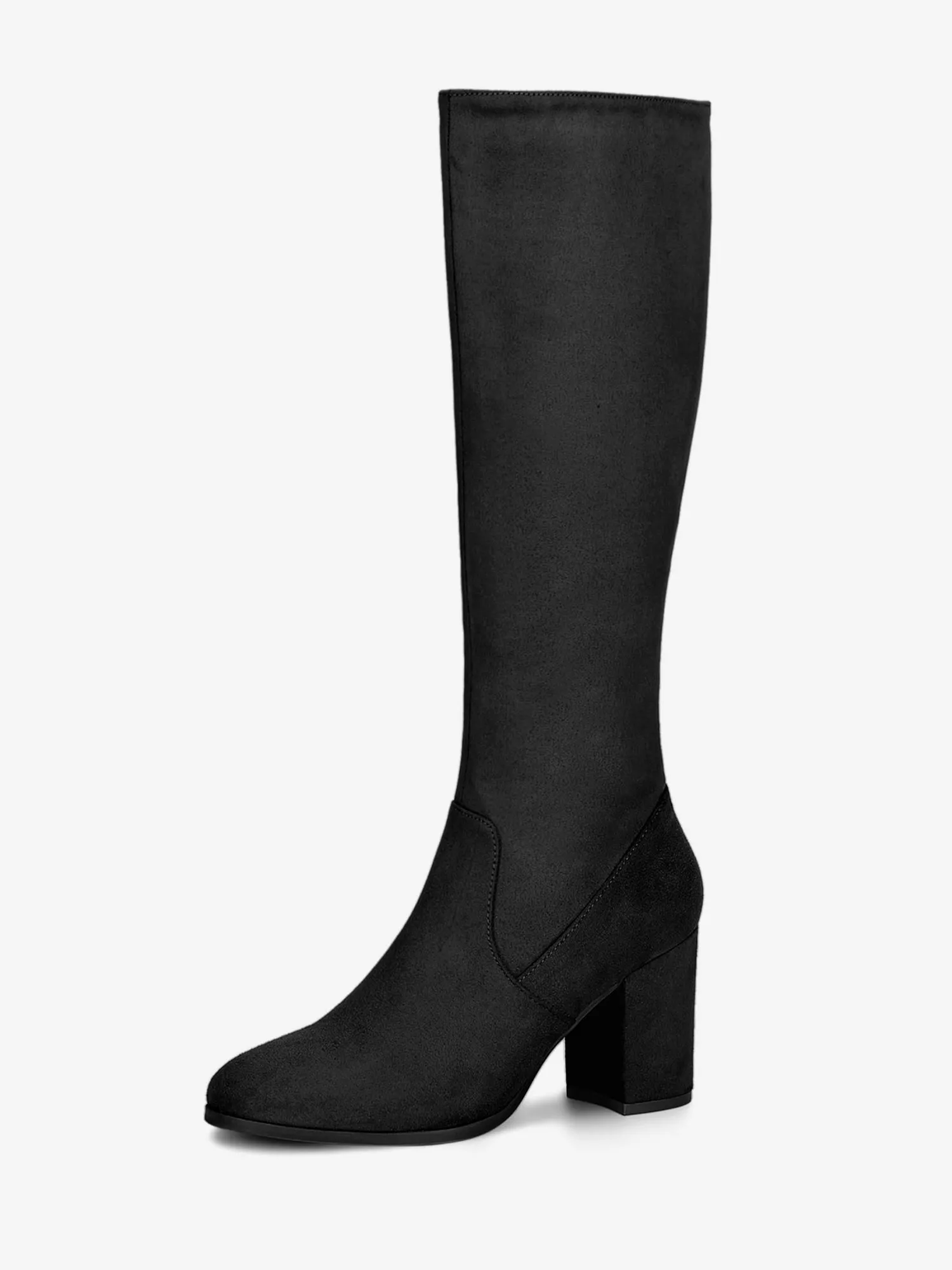 Faux Suede Side Zipper Chunky Heel Knee High Boots