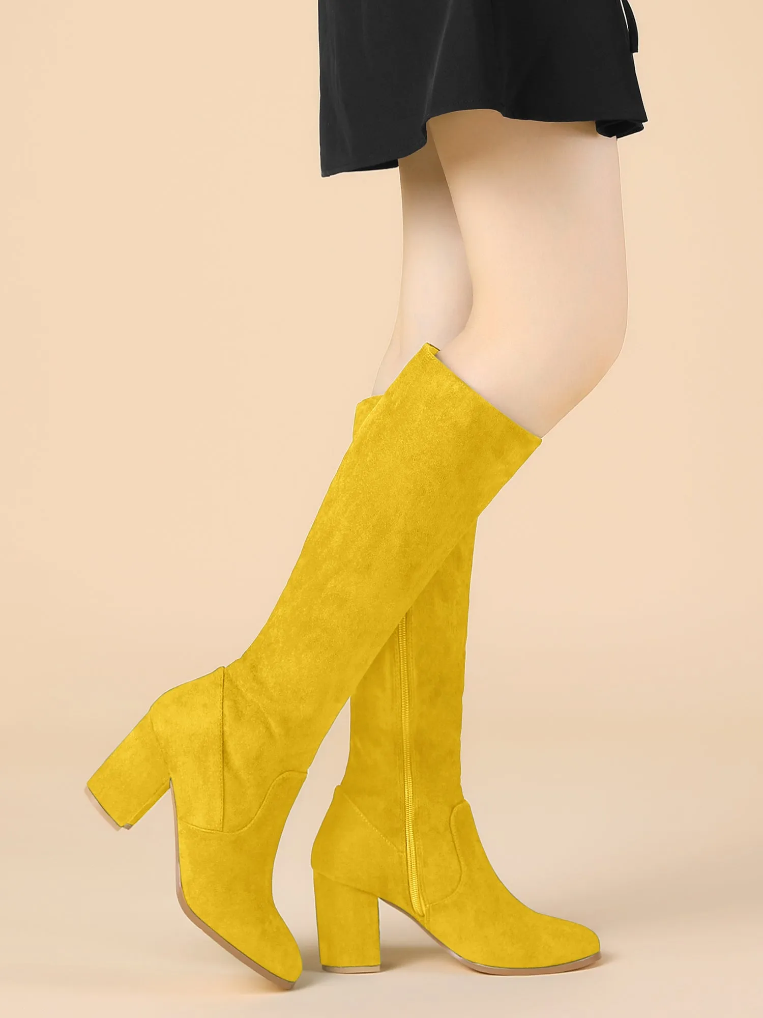 Faux Suede Side Zipper Chunky Heel Knee High Boots