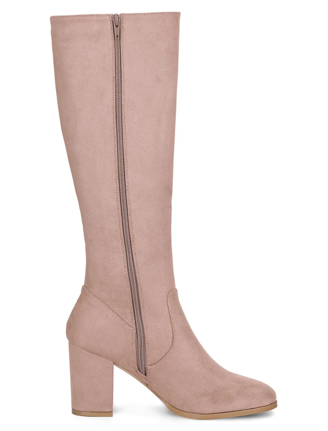 Faux Suede Side Zipper Chunky Heel Knee High Boots