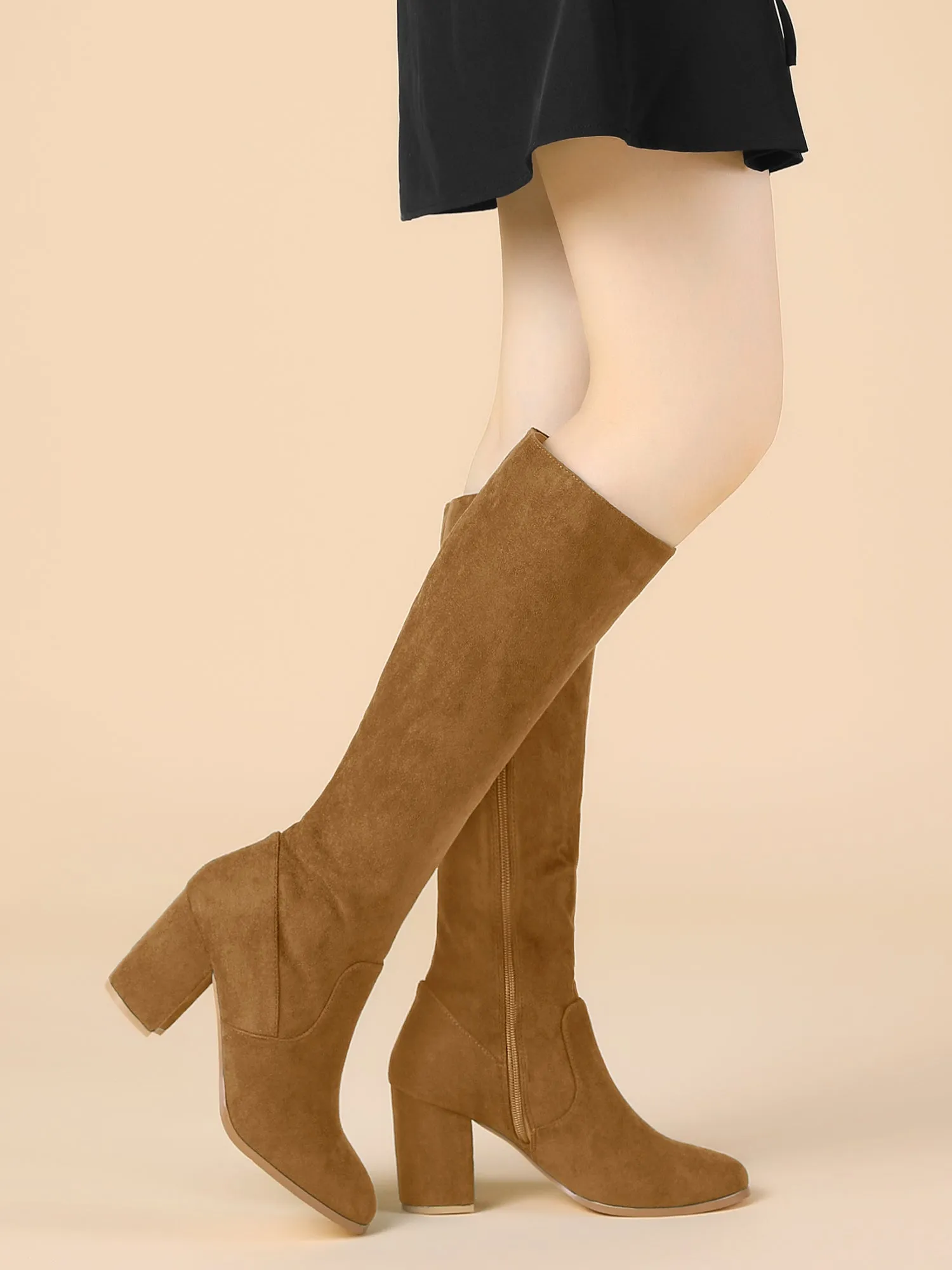 Faux Suede Side Zipper Chunky Heel Knee High Boots