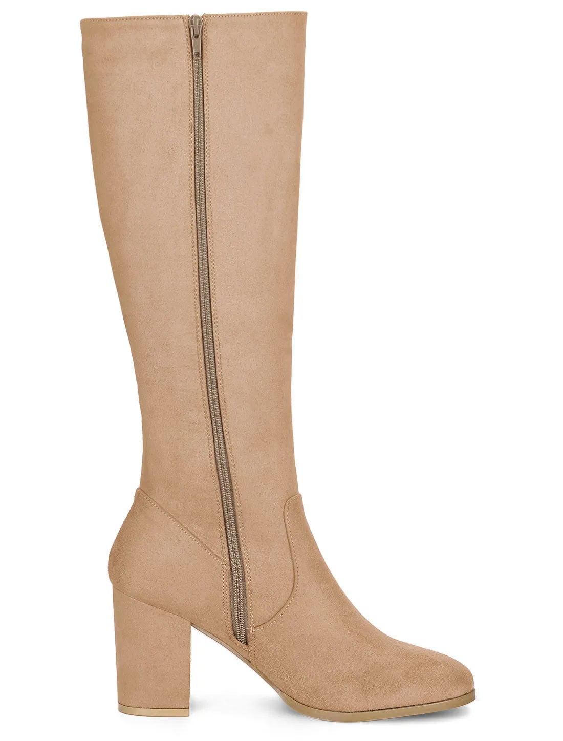 Faux Suede Side Zipper Chunky Heel Knee High Boots