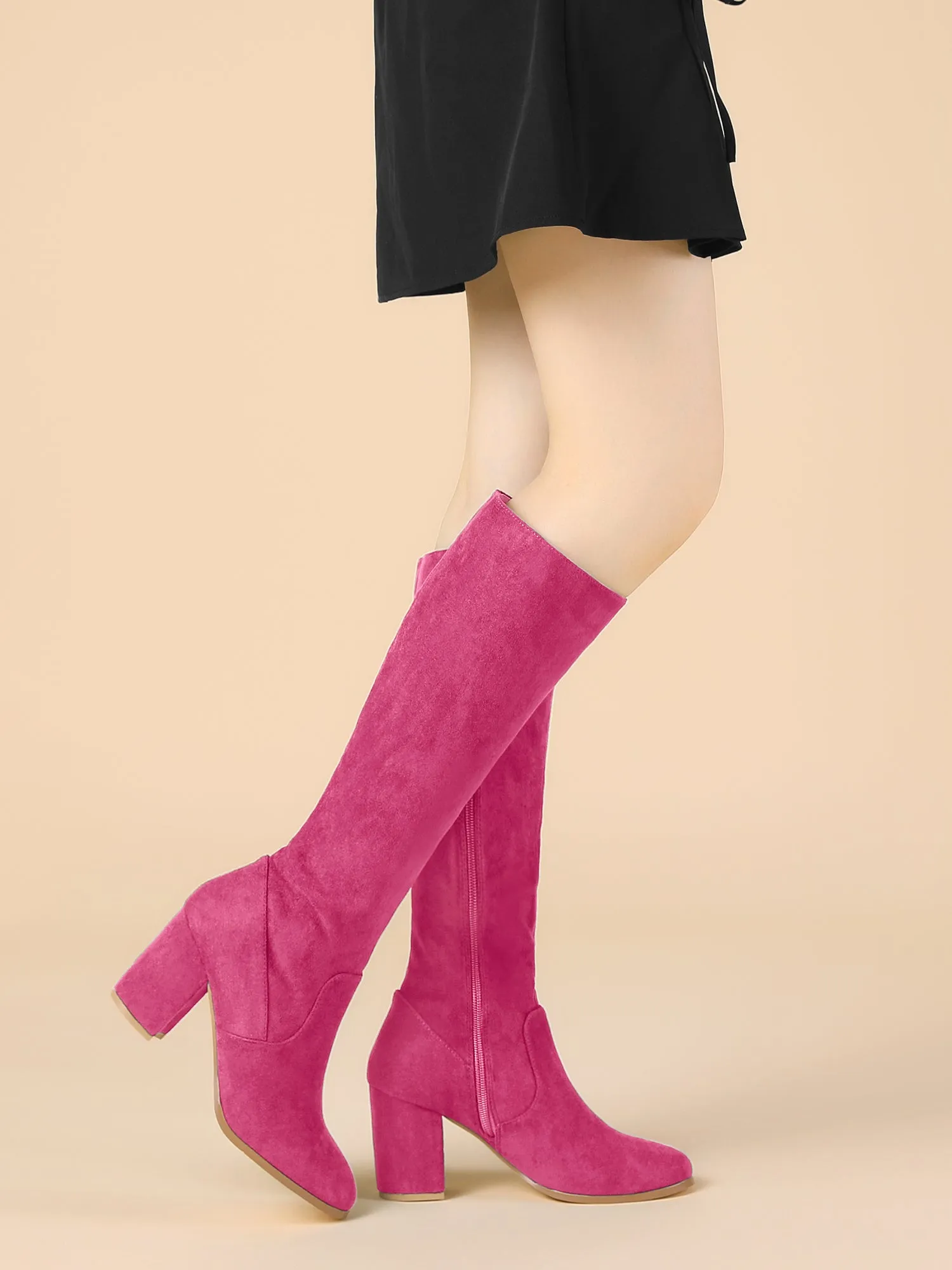 Faux Suede Side Zipper Chunky Heel Knee High Boots
