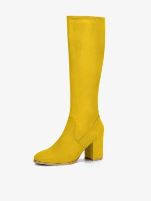 Faux Suede Side Zipper Chunky Heel Knee High Boots