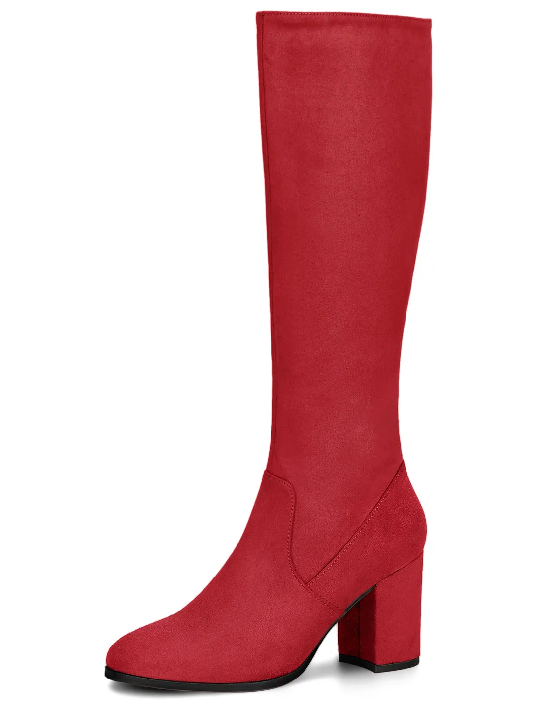 Faux Suede Side Zipper Chunky Heel Knee High Boots