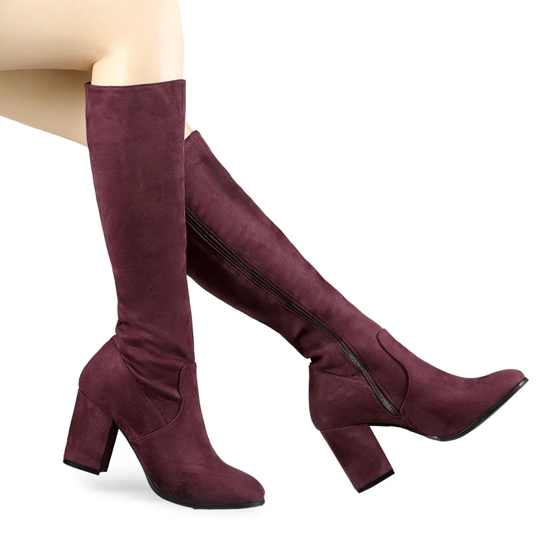 Faux Suede Side Zipper Chunky Heel Knee High Boots