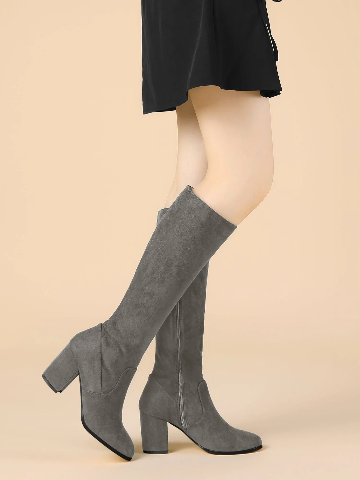 Faux Suede Side Zipper Chunky Heel Knee High Boots