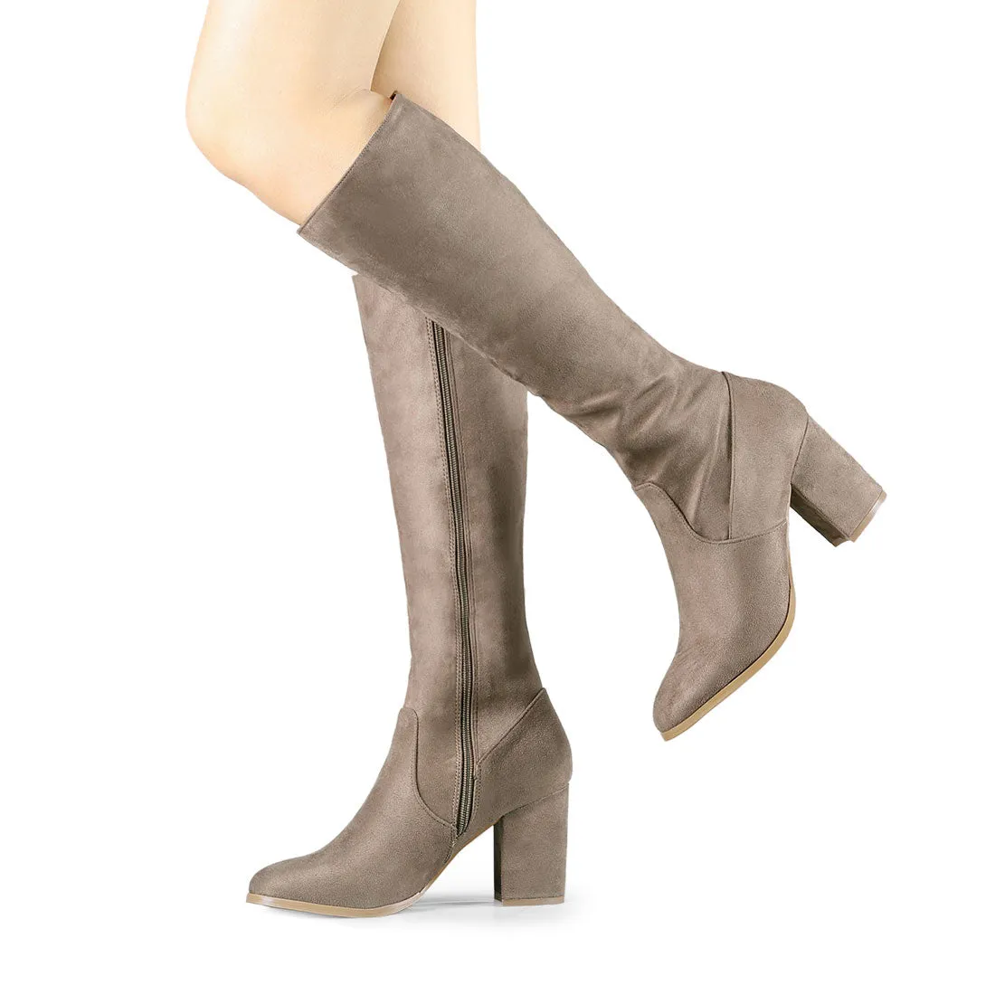 Faux Suede Side Zipper Chunky Heel Knee High Boots