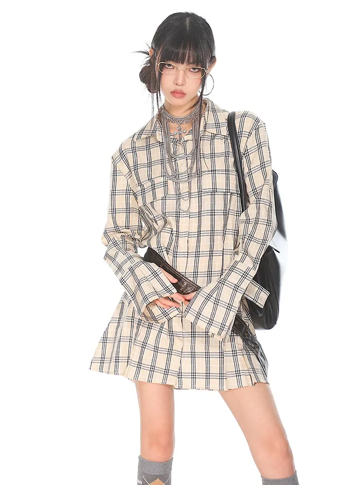 Flare Long Sleeve Pleated Mini Shirt-Dress