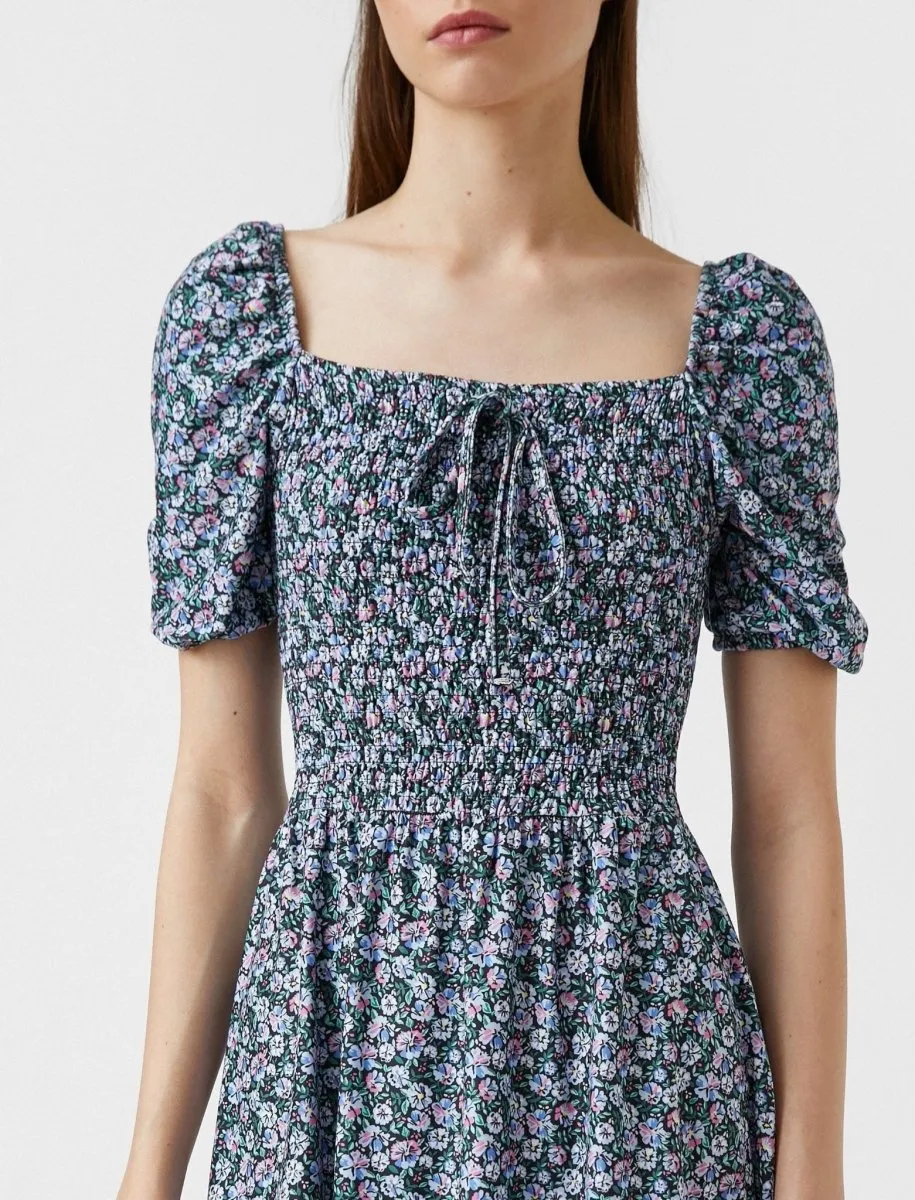 Floral Smocked Puff Sleeve Mini Dress in Blue