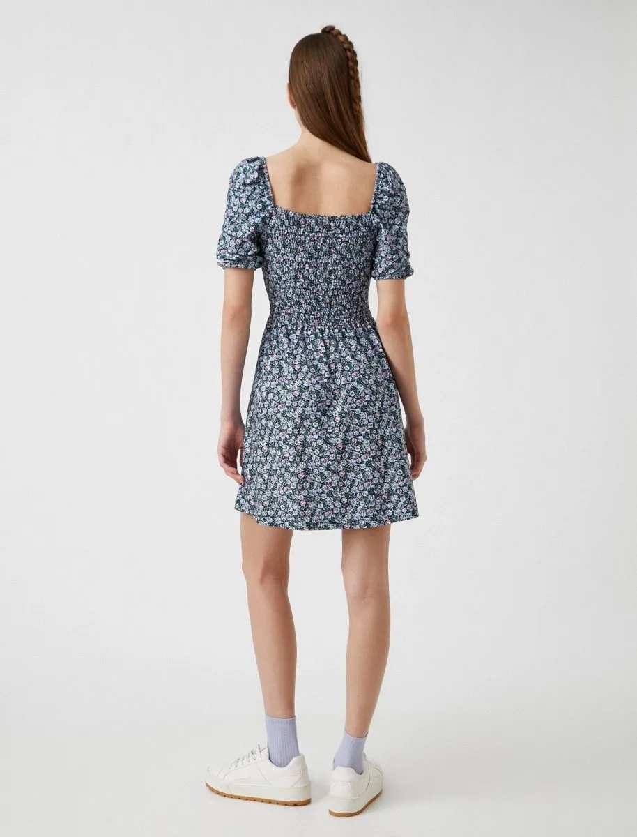 Floral Smocked Puff Sleeve Mini Dress in Blue