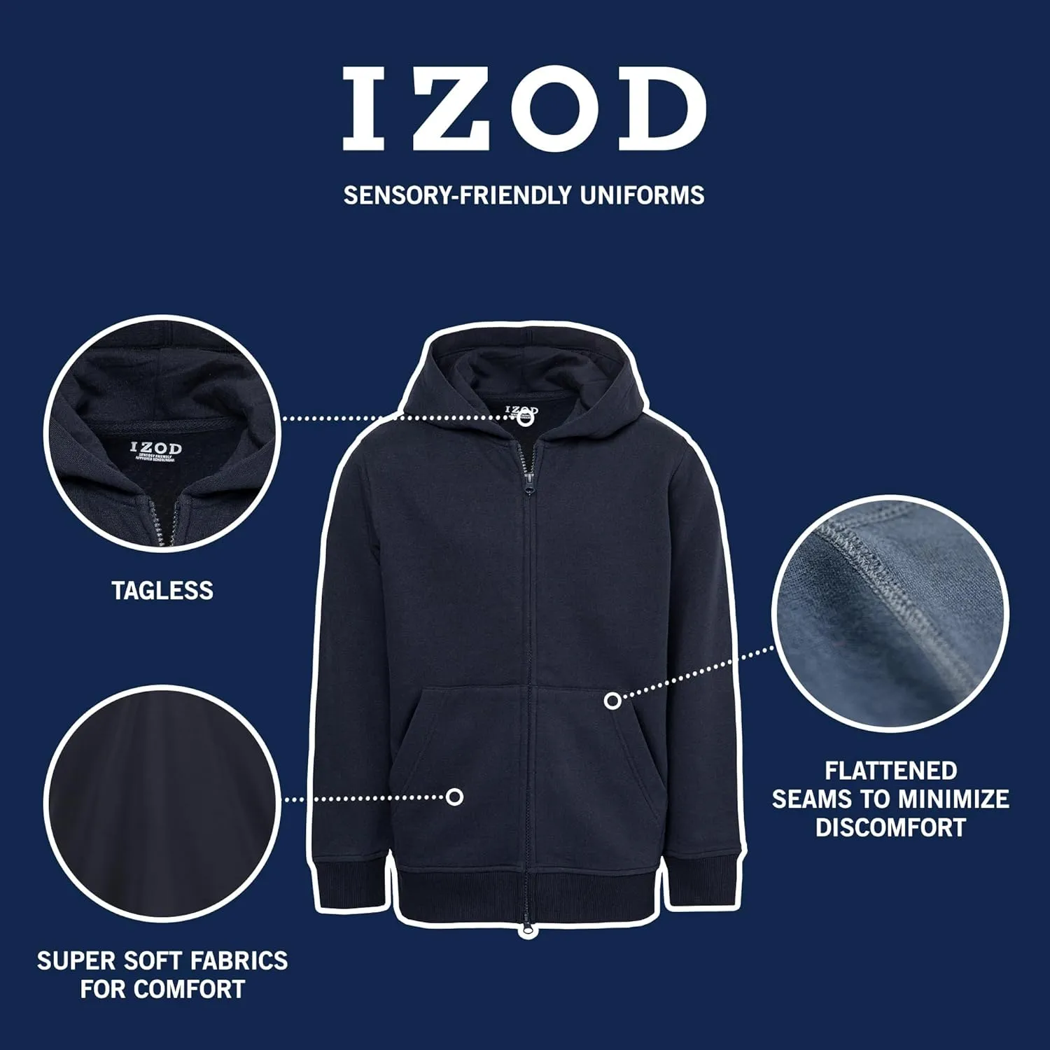 IZOD Boys' Sensory-Friendly Full-Zip Hoodie Sweatshirt, Soft Fabric with Pockets & Ribbed Cuffs, Tagless