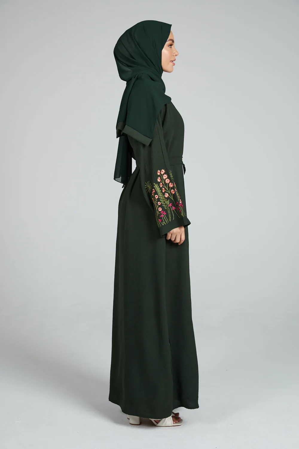 Junior Girls Blooming Embroidered Four Piece Open Abaya Set - Forest Green