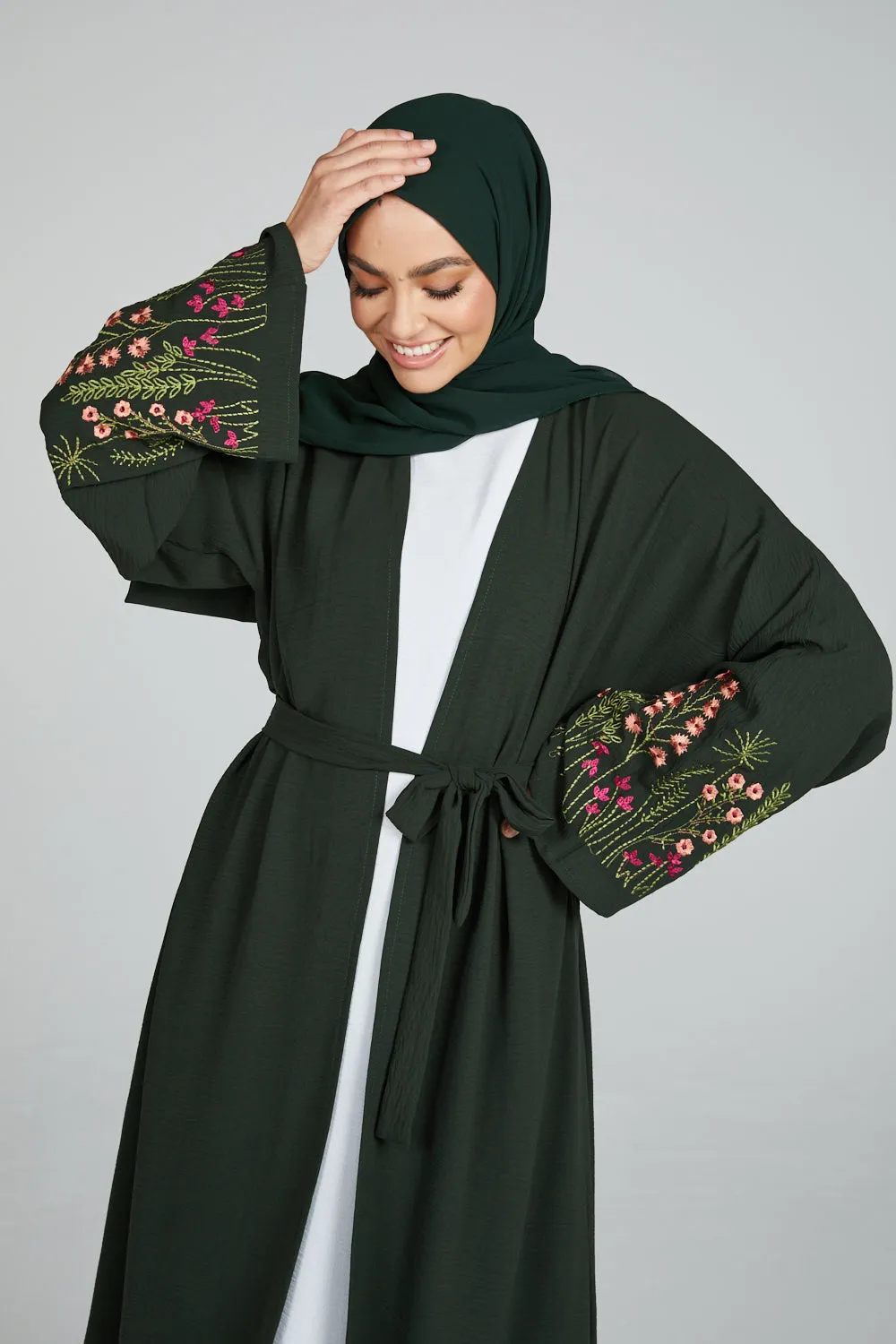 Junior Girls Blooming Embroidered Four Piece Open Abaya Set - Forest Green