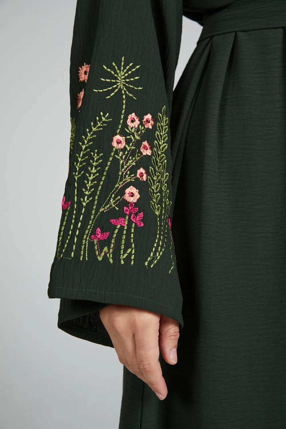 Junior Girls Blooming Embroidered Four Piece Open Abaya Set - Forest Green