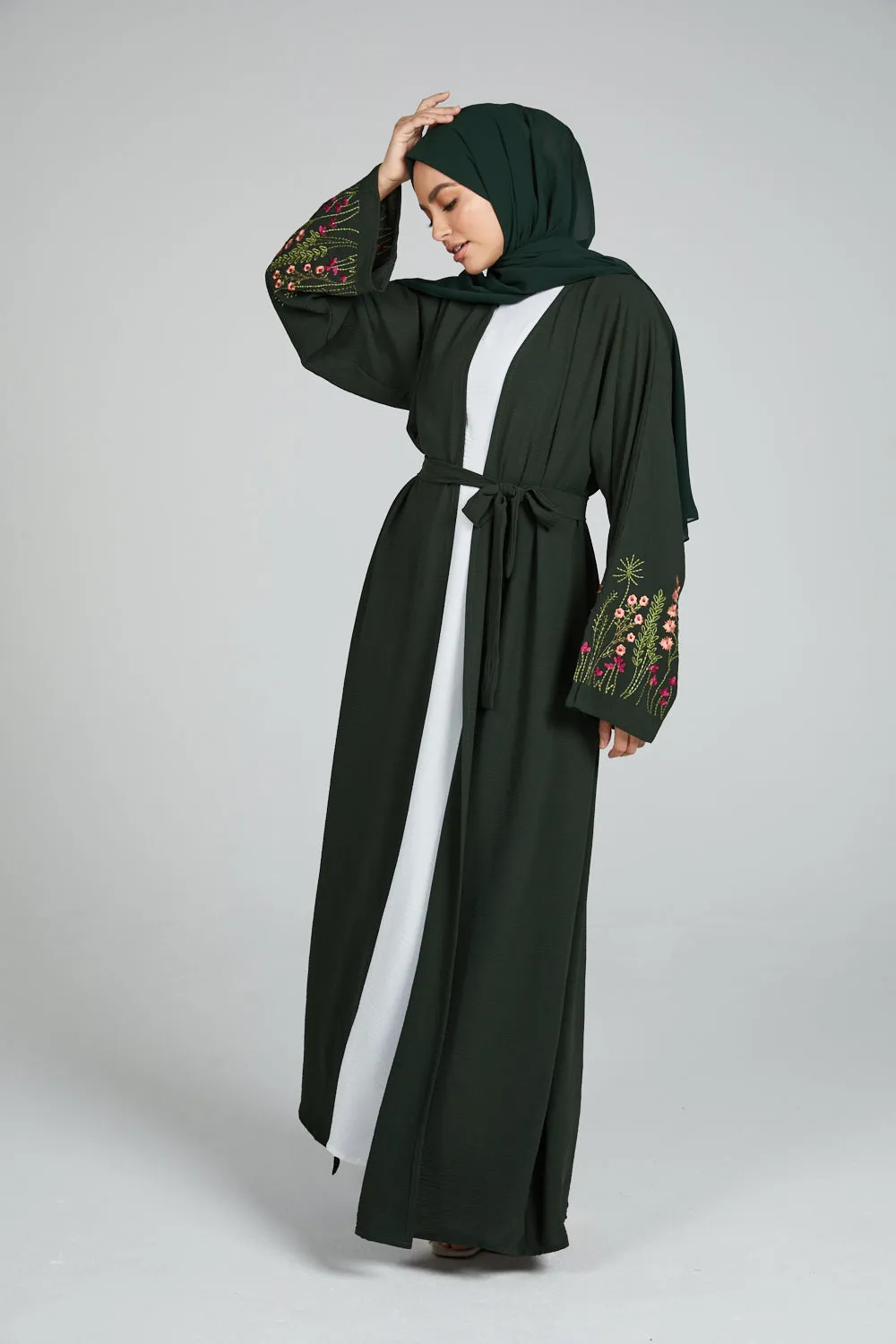 Junior Girls Blooming Embroidered Four Piece Open Abaya Set - Forest Green