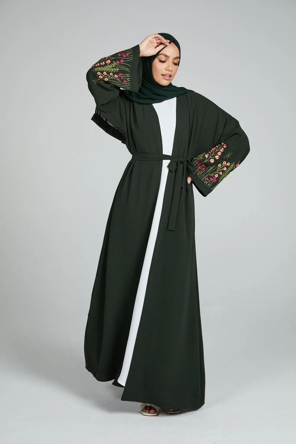 Junior Girls Blooming Embroidered Four Piece Open Abaya Set - Forest Green