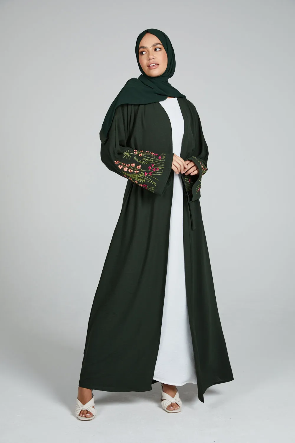 Junior Girls Blooming Embroidered Four Piece Open Abaya Set - Forest Green