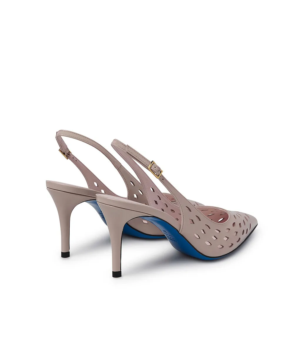 Laser-cut nude patent leather slingback pumps