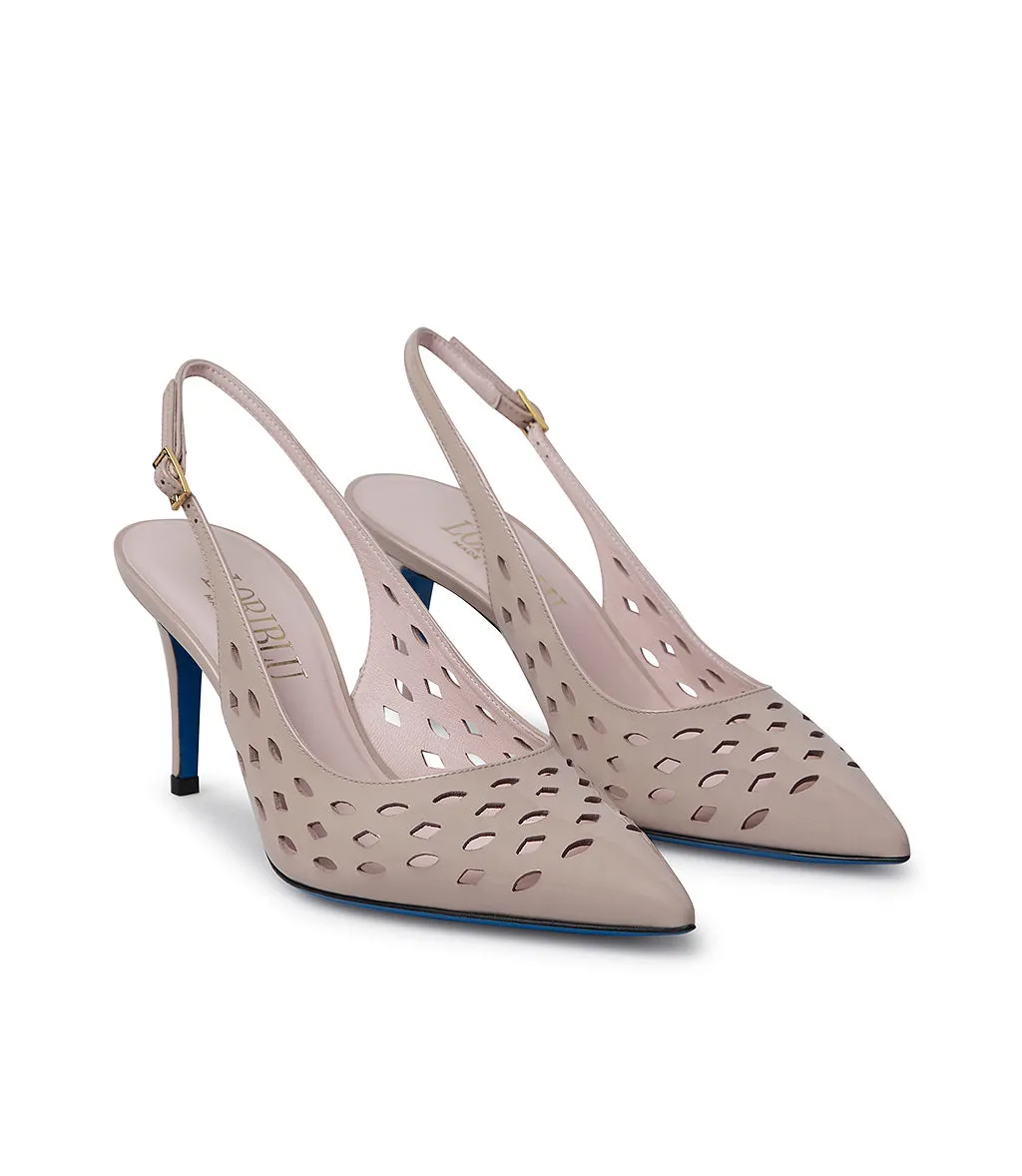 Laser-cut nude patent leather slingback pumps