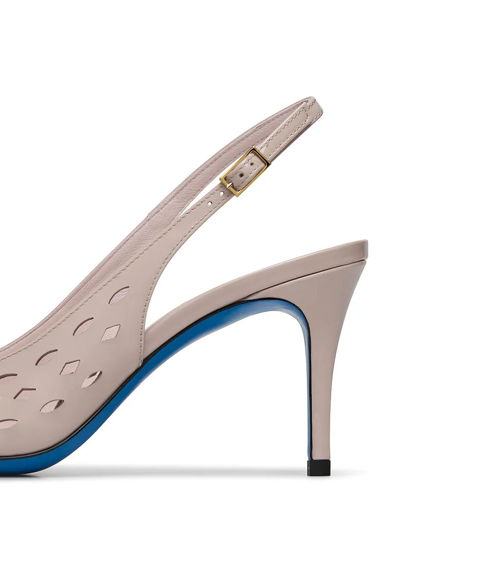 Laser-cut nude patent leather slingback pumps