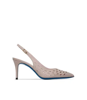 Laser-cut nude patent leather slingback pumps